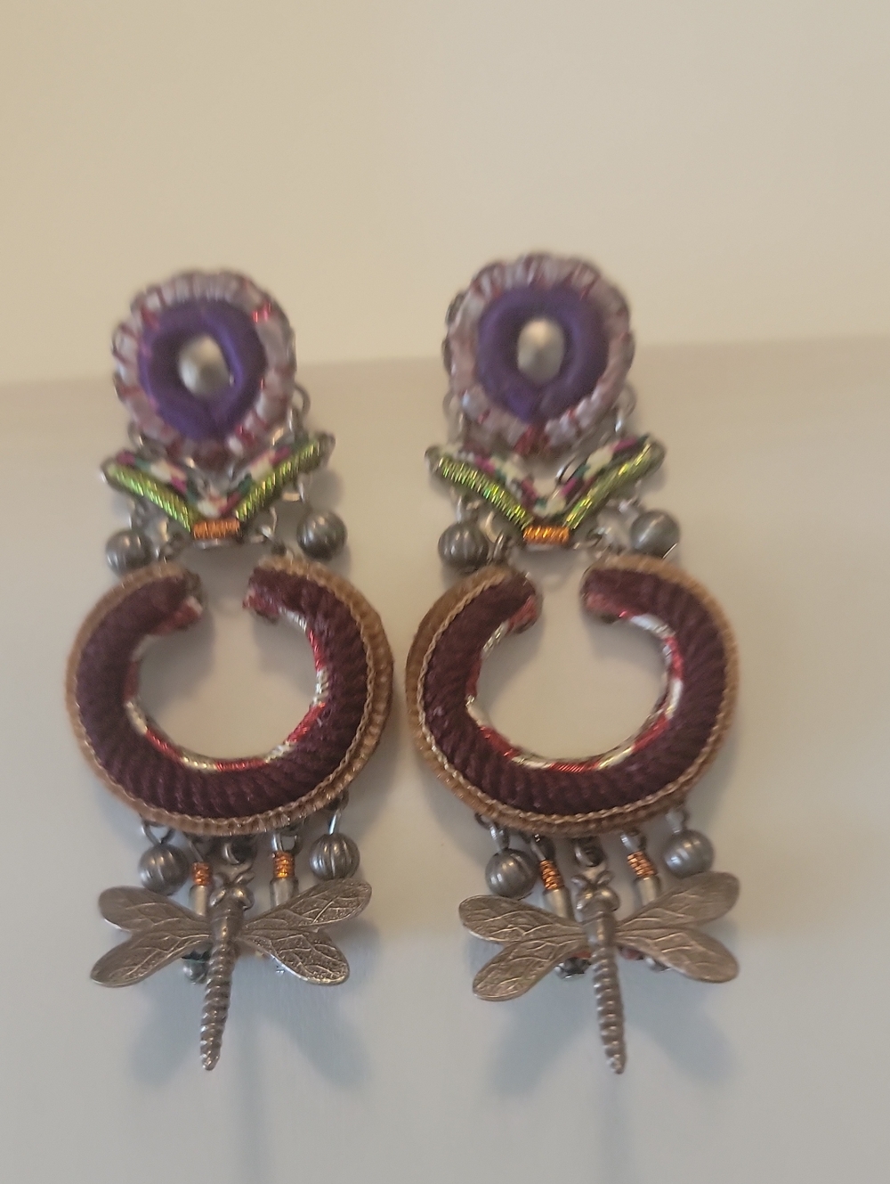 Ayala Bar Embroidered Dragonfly Purple Post Back Earrings